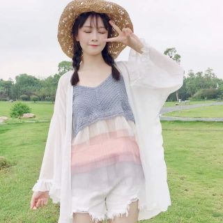 [ sẵn xanh]Set áo 2 dây đan len phối lưới áo khoác chiffon (kèm hình thật)
