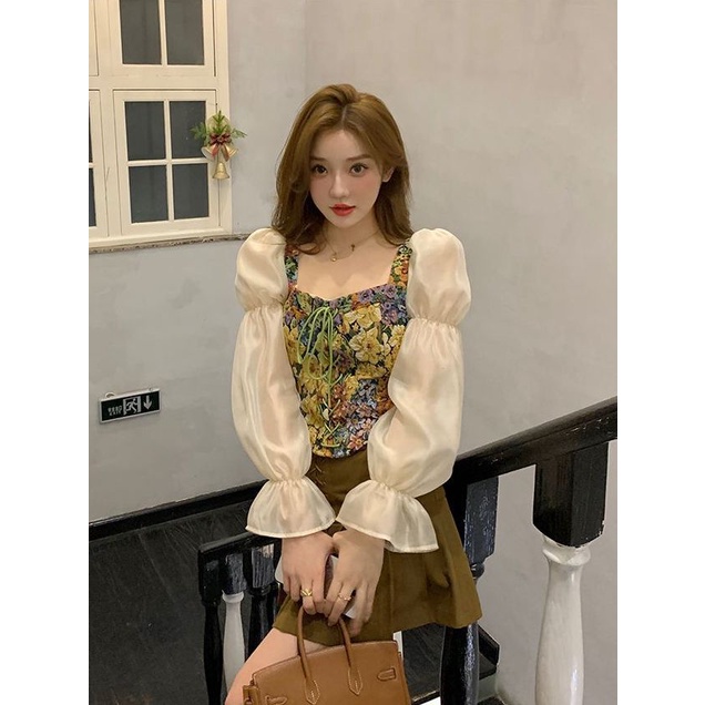 Váy babydoll Áo Sơ Mi Ngắn Cổ Vuông Tay Dài Phồng In Họa Tiết Tranh Sơn Dầu Phong Cách Pháp Cổ Điển Thời Trang Mùa Thu Mới 2022 Dành Cho