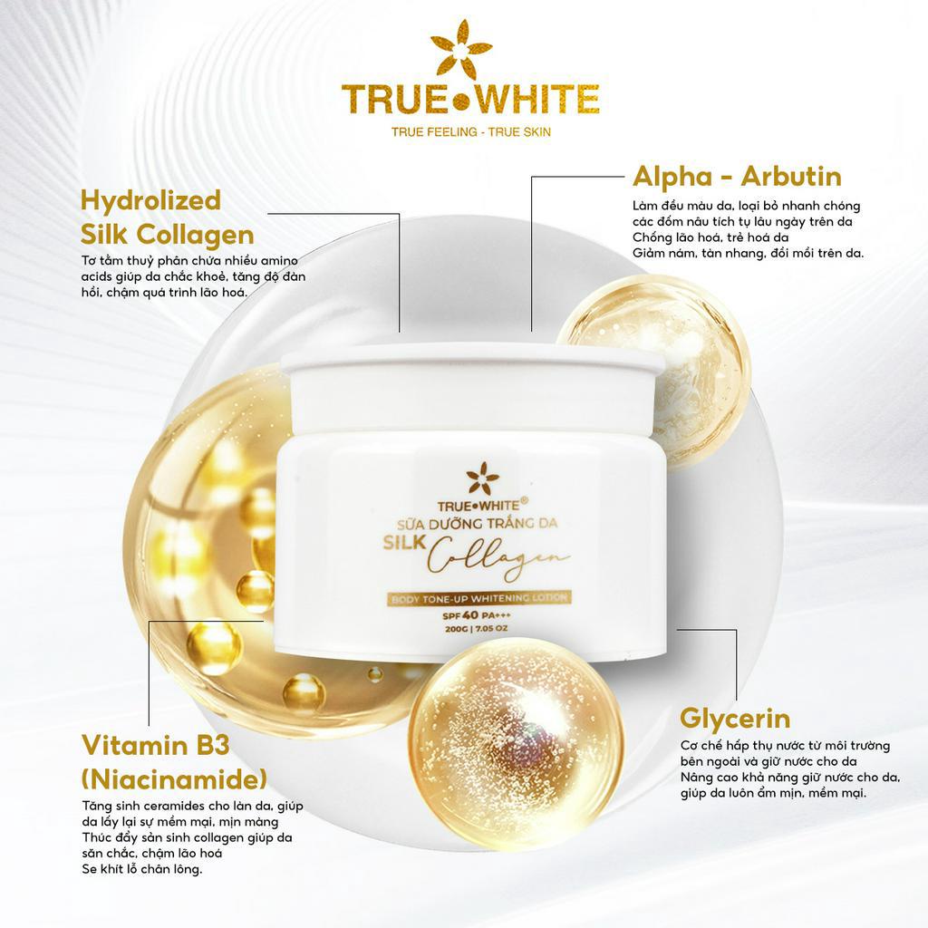 Kem Body Dưỡng Trắng Mềm Mịn Da TrueWhite Chiết Xuất Tơ Tằm Collagen Thủy Phân Chứa 5% Alpha Arbutin, 3%Niacinamide 200g