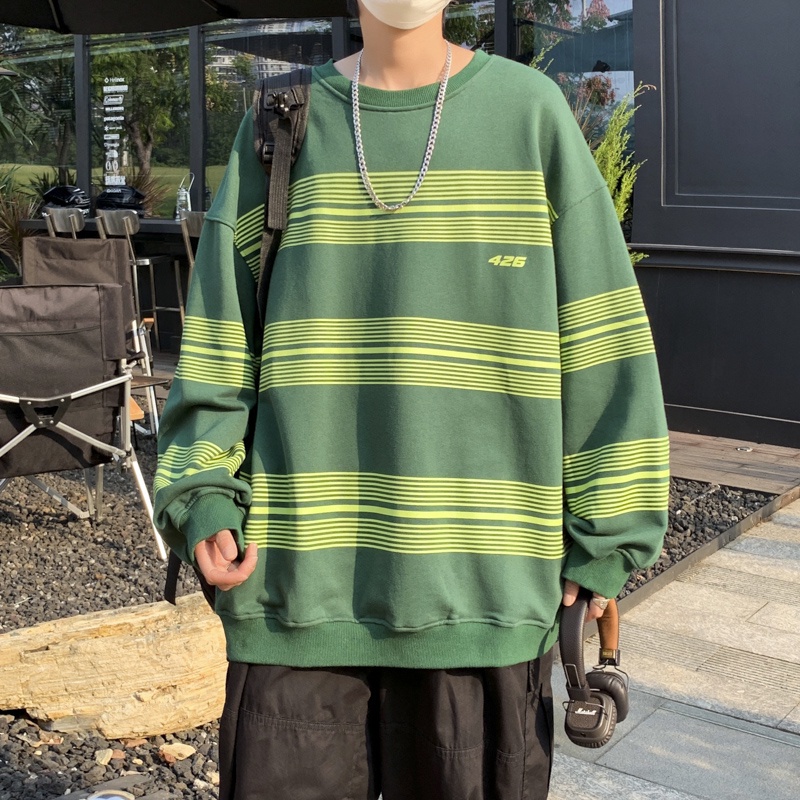 Áo thun tay dài dáng rộng họa tiết kẻ sọc màu sắc thời trang cho nam