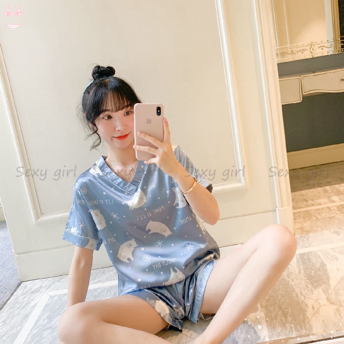 Bộ Đồ Ngủ Ngắn Tay Bằng Lụa In Họa Tiết Xinh Xắn Dành Cho Nữ | BigBuy360 - bigbuy360.vn