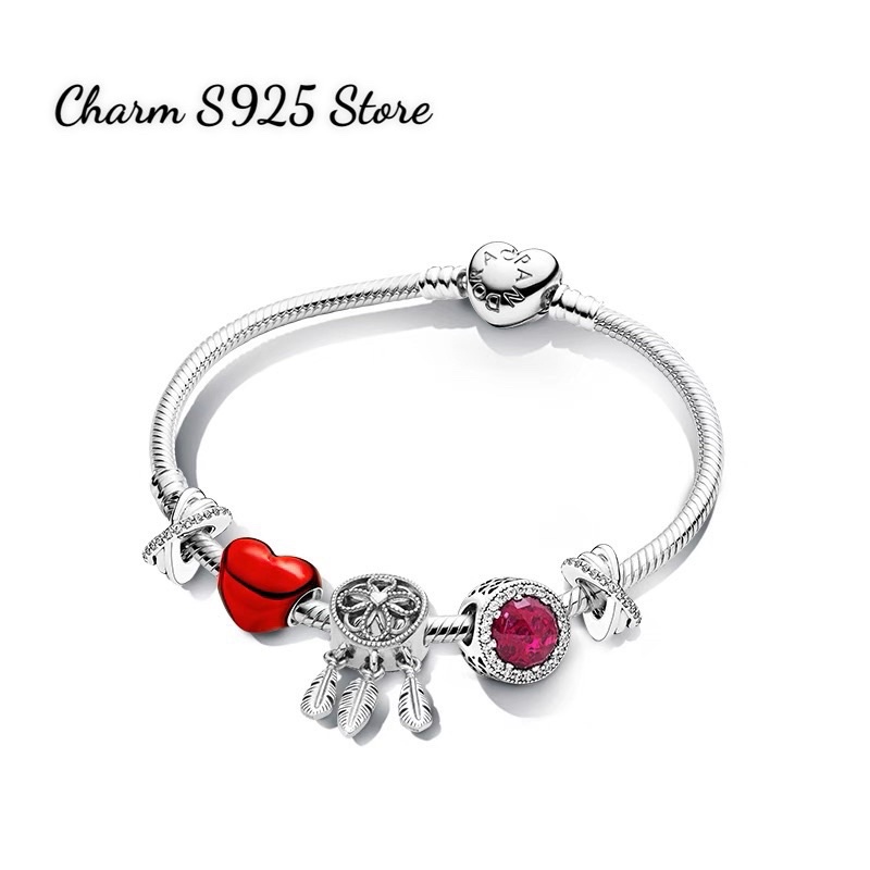 combo vòng tay pan Ale mềm mix 5 hạt charm màu đỏ bạc s925 cao cấp