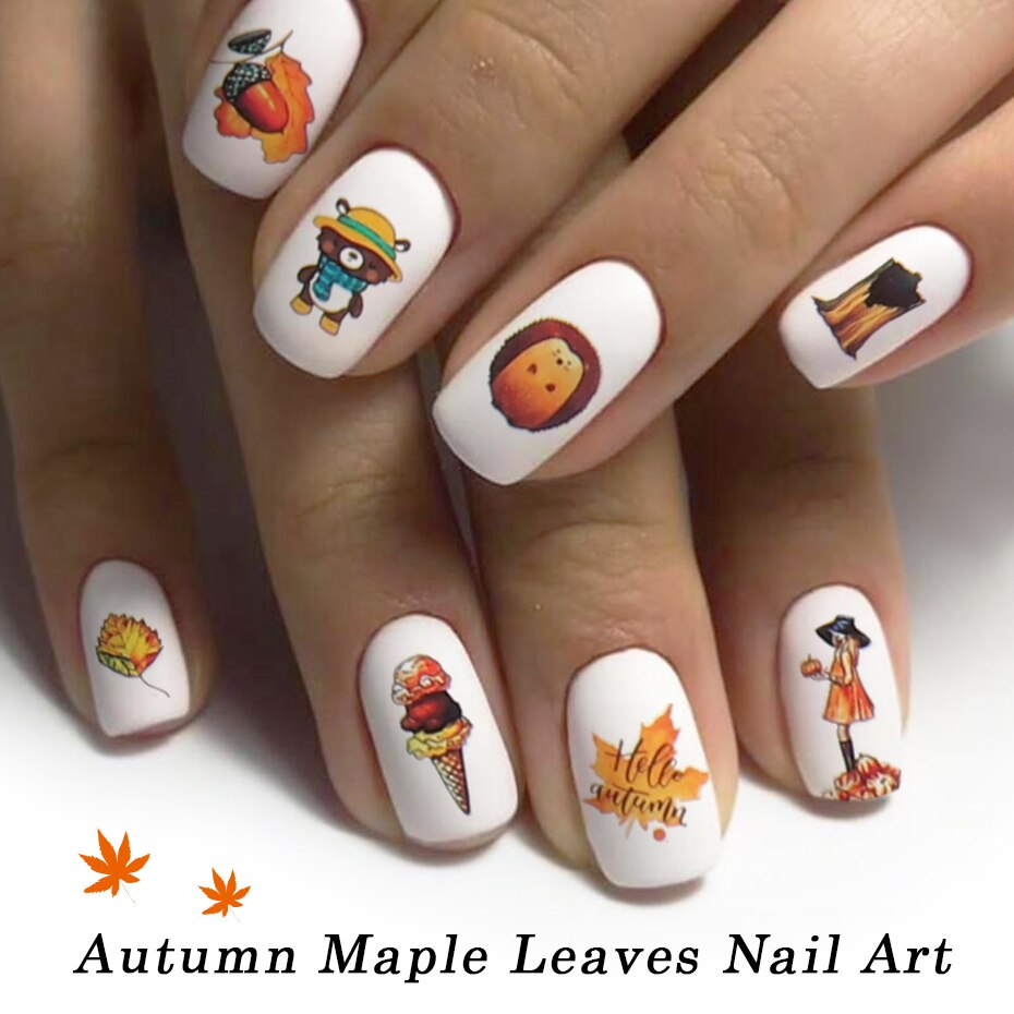 HAMA NAIL 12pcs Autumn Leaves Water Transfer Stickers Nails Art Yellow Maple Animal Decals Polish Slider DIY Decoration