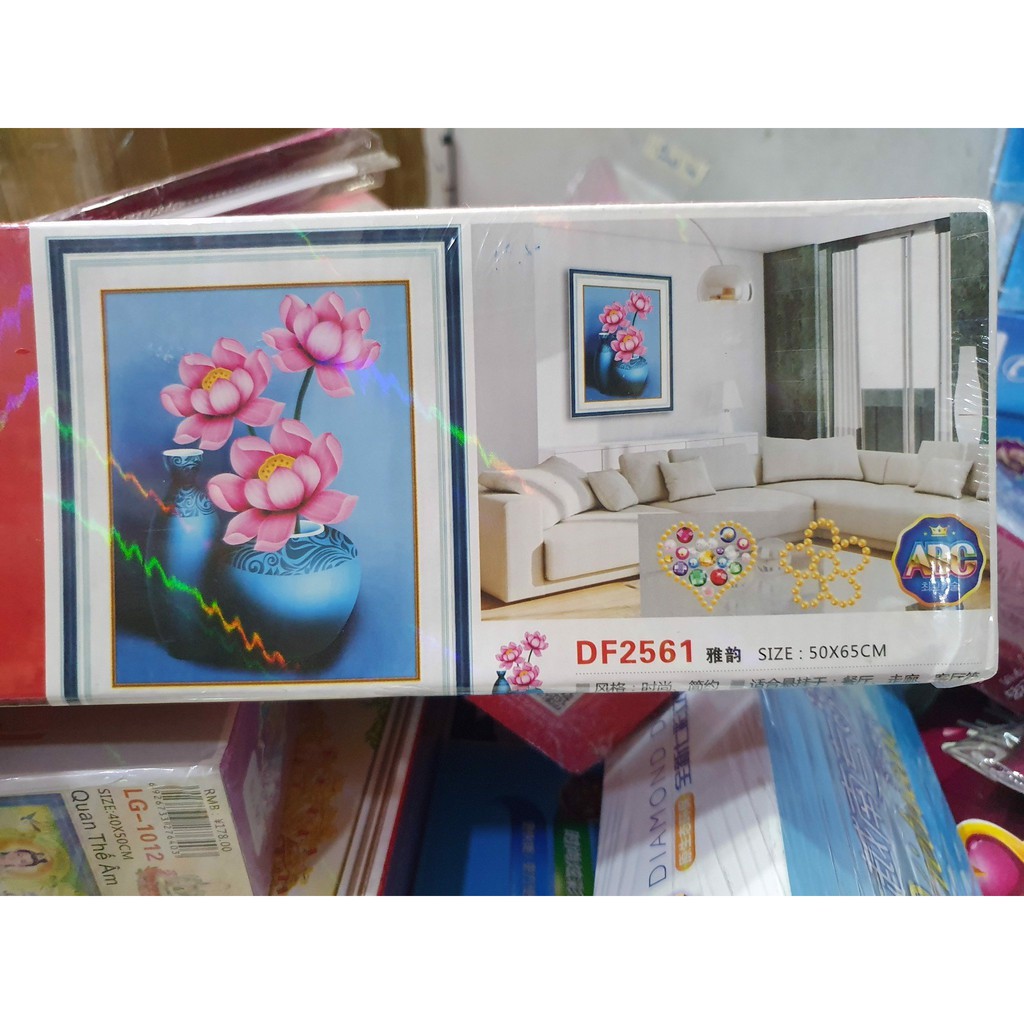 Tranh đính đá bình hoa sen df2561
