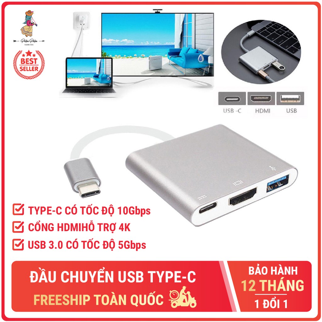 Đầu adapter cáp chuyển đổi đầu USB Type C sang HDMI Chất lượng 4K USB và TypeC 3 trong 1 cho Macbook iPad