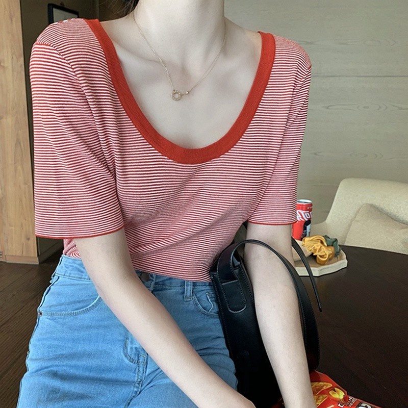 Áo ZHELIHANGFEI dệt kim tay ngắn cổ chữ U họa tiết sọc thời trang mùa hè quyến rũ dành cho nữ