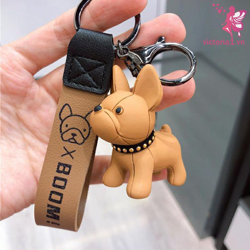 French Bulldog Keychain Fashion Punk Pu Leather Strap Dog Keychains for Women Bag Pendant Jewelry Trinket Men's Car Key