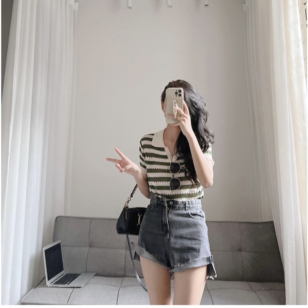 Áo len móc polo cổ V có tay Hàn Quốc 2022