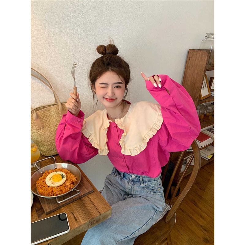 Áo sơ mi cổ búp bê phối bèo dáng rộng màu tương phản phong cách Hàn Quốc thời trang mùa thu cho nữ