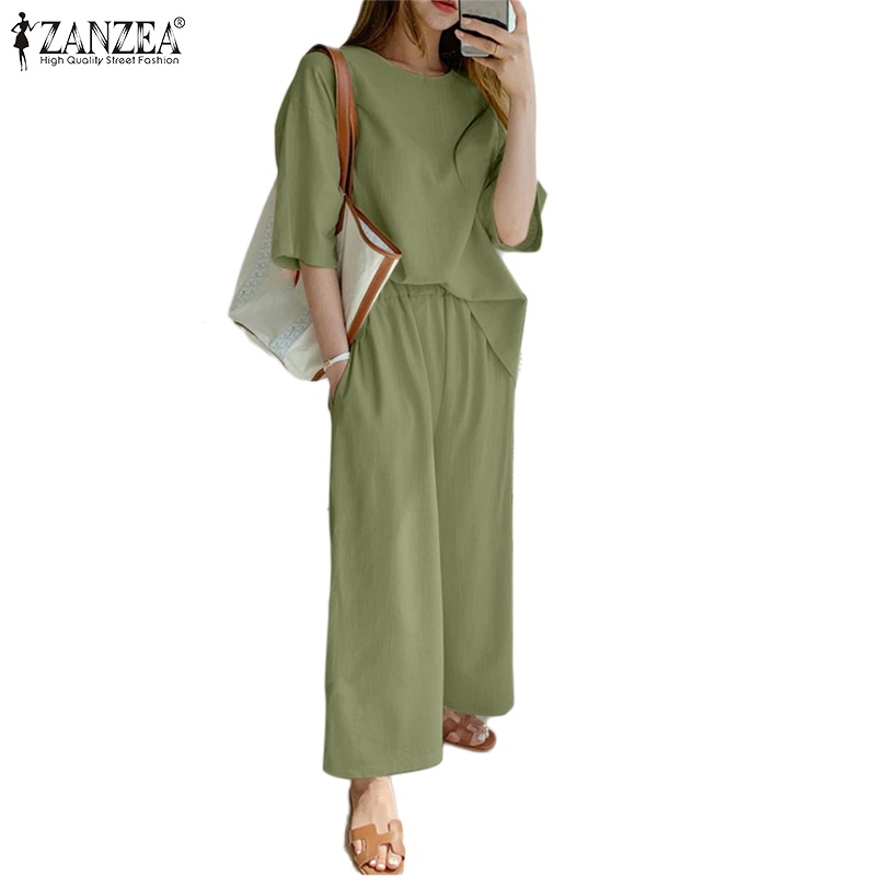 Set đồ Zanzea gồm áo thun tay lửng dáng rộng + quần dài lưng thun thời trang Hàn cho nữ