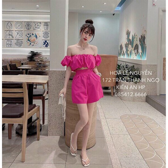 Set bộ nữ dễ thương, set đồ nữ cá tính sang chảnh với quần đùi lưng thun kèm áo kiểu nữ bệnh vai phối nhúm cực xinh