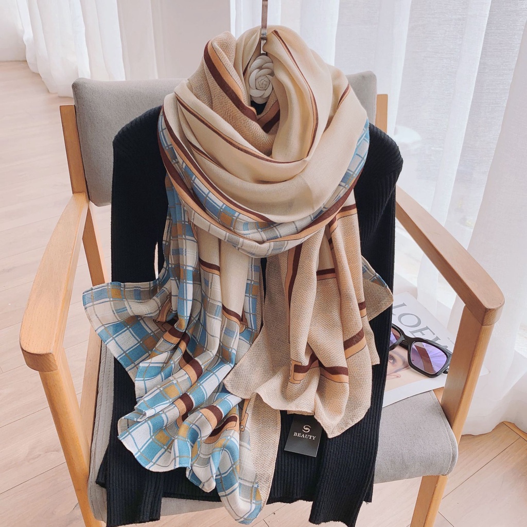 Khăn Choàng Cổ Dài Chất Liệu cotton Lanh Kẻ Sọc Màu Sắc Ấm Áp Thời Trang Thu Đông Cho Nữ