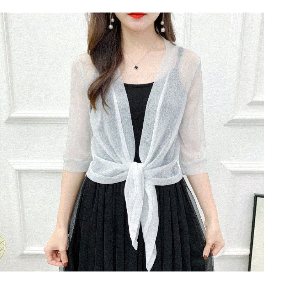 Áo cardigan khoác mỏng tay lỡ thắt nơ mặc kèm áo váy hai dây | BigBuy360 - bigbuy360.vn