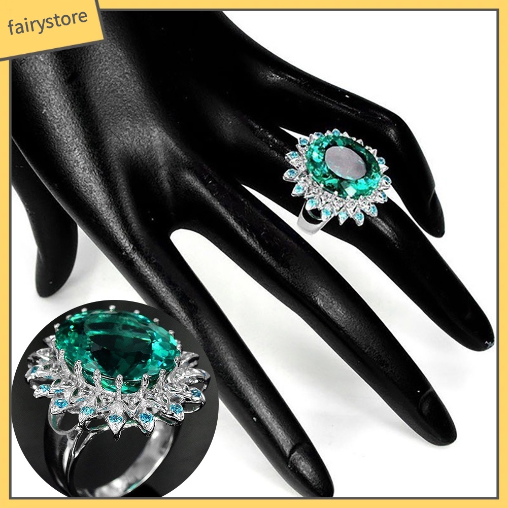 Nhẫn mặt zircon màu xanh lá hình bầu dục thời trang cho nữ