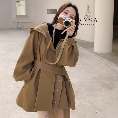 Áo khoác nữ có mũ form rộng dài tay màu nâu tây
