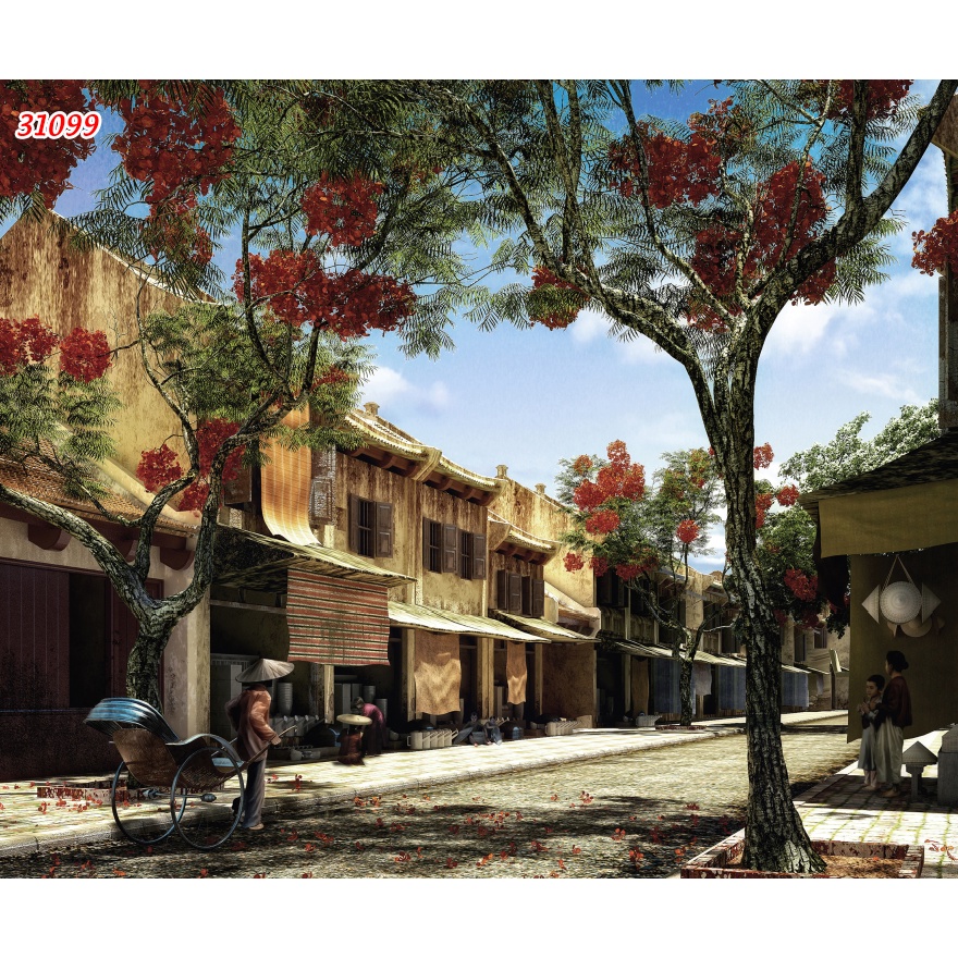 Tranh lụa 3D trang trí quán ăn, quán nướng đường phố, hẻm phố Hà Nội thập niên 80, 90