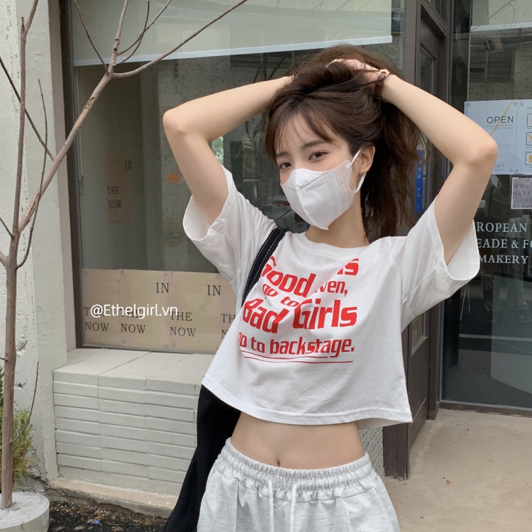 Áo thun croptop ngắn tay in chữ thời trang Hàn Quốc dành cho nữ