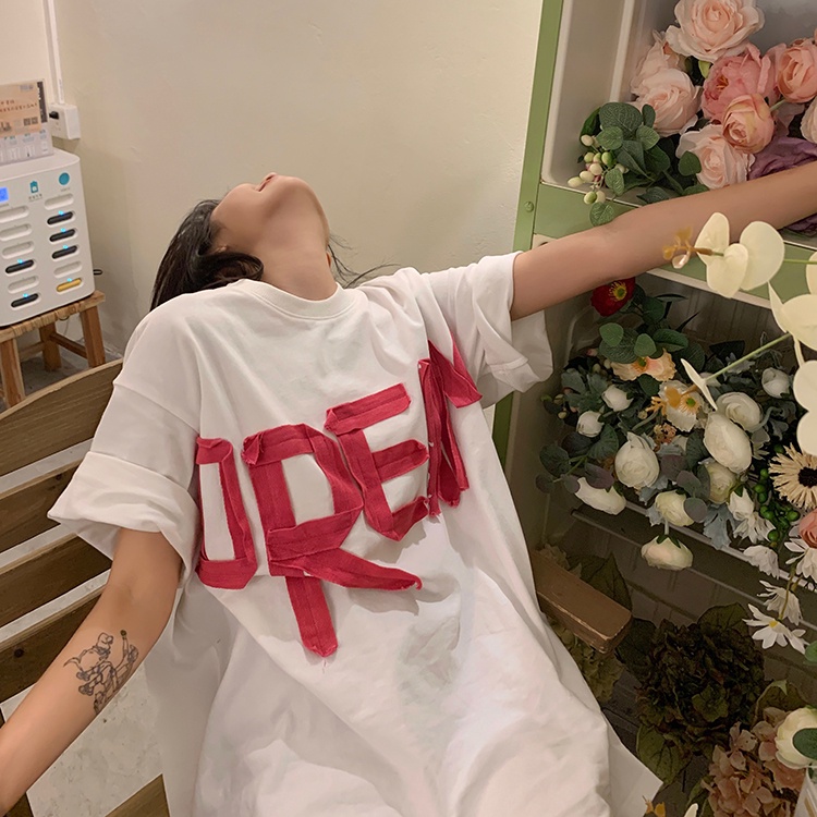 QKOOLE Áo thun nữ  ngắn tay cổ tròn in họa tiết phong cách Hàn Quốc