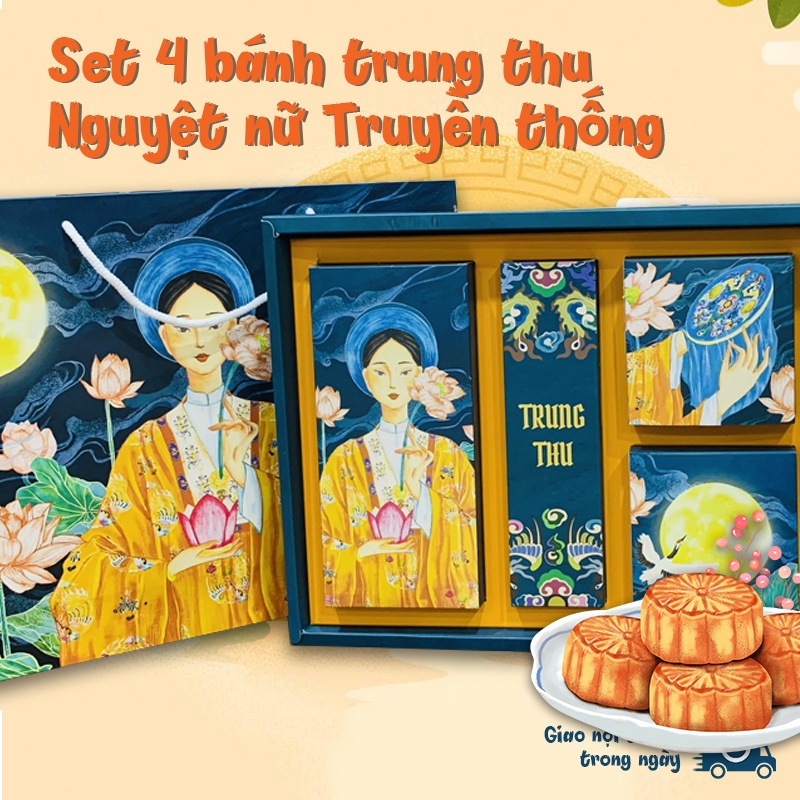 Hộp 4 bánh trung thu truyền thống Nguyệt nữ mẫu hot 2022, hộp kích thước lớn, có dao dĩa đi kèm, phù hợp làm quà tặng