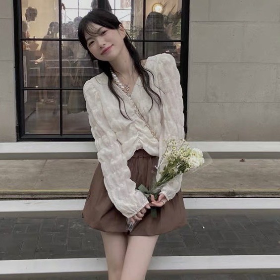 Áo sơ mi crotop tay dài nhún ngực điệu đà!  Ulzzang style Hàng Quảng Châu