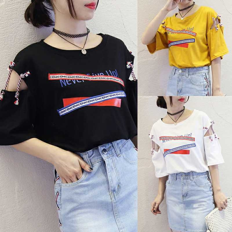 Việt Nam♛☽┅Short-sleeved t-shirt women s white summer 2020 new ins fashion half-sleeved loose off-the-shoulder top clothes