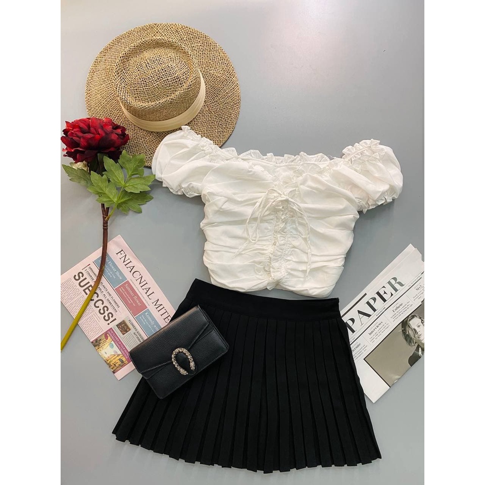 Áo Bẹt Vai Nhún Thân Đan dây viền dây - Áo thiết kế bẹt vai đan dây viền ren