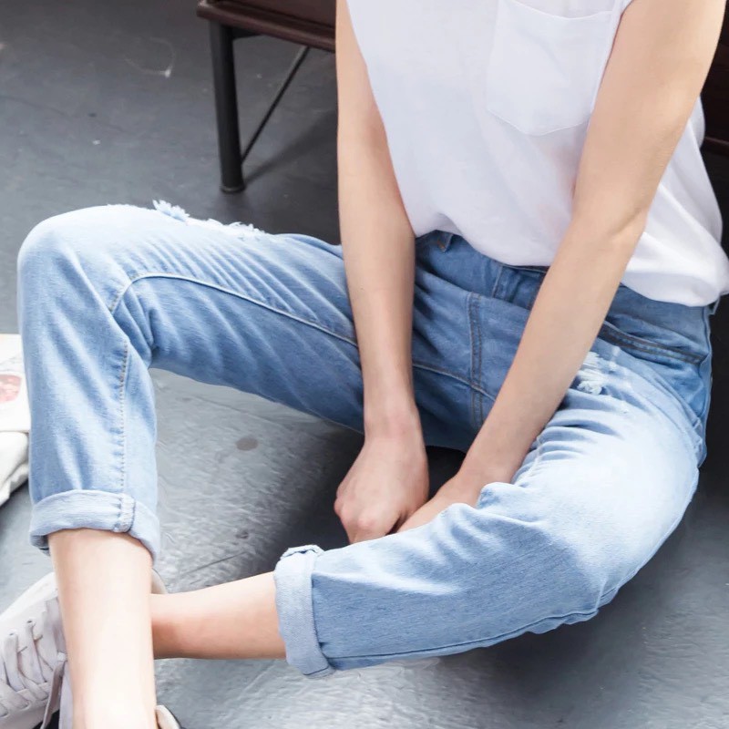 QUẦN BAGGY JEAN NỮ RÁCH 2 GỐI CÓ SIZE ĐẠI BIG SIZE