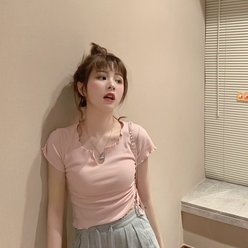 Áo thun ZHELIHANGFEI ngắn tay cổ cao phối dây rút thời trang mùa xuân 2022 cho nữ