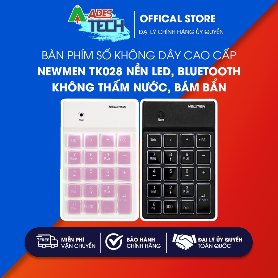 Bàn phím số không dây cao cấp NEWMEN TK028 nền LED, Bluetooth, không thấm nước, bám bẩn- Hàng chính hãng