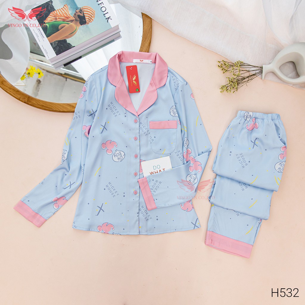 Đồ bộ nữ pijama mặc nhà  VINGO Lụa Pháp cao cấp tay dài quần dài Thu Đông 2021 họa tiết hồng phối xanh H532 VNGO - TDQD