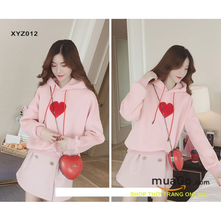 Áo hoodie nỉ thêu hình tim siêu cute, Áo khoác đi Đà lạt, Áo nỉ teen,ÁO NỈ CHUI CÓ MŨ Nữ Màu hồng, đỏ, trắng - XYZ012