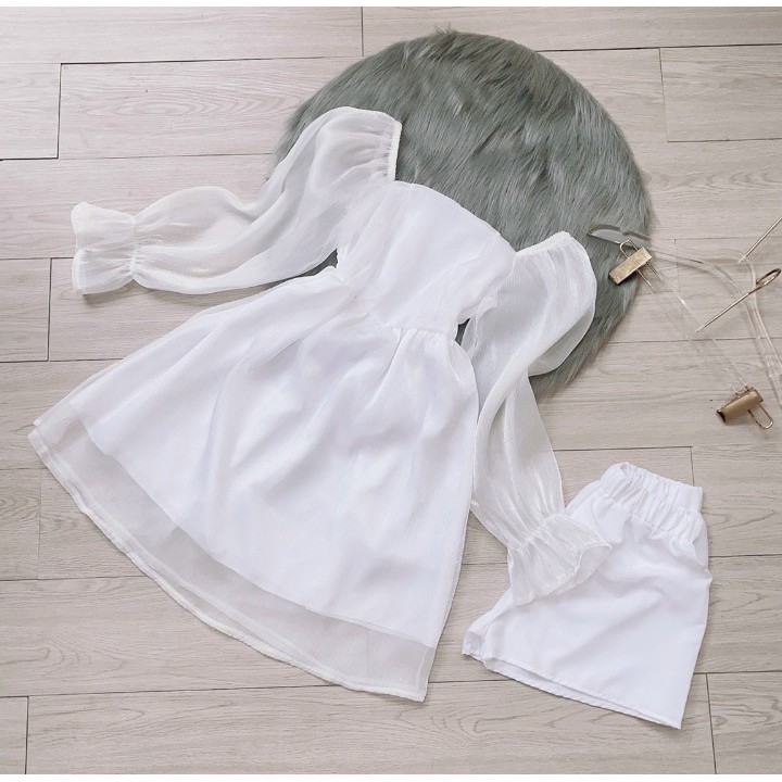 Sét đầm Voan kiến + Quần đùi chất Voan Chuẩn hàng bán shop. Cam Kết Hàng Y Hình ( size từ 40-53kg )