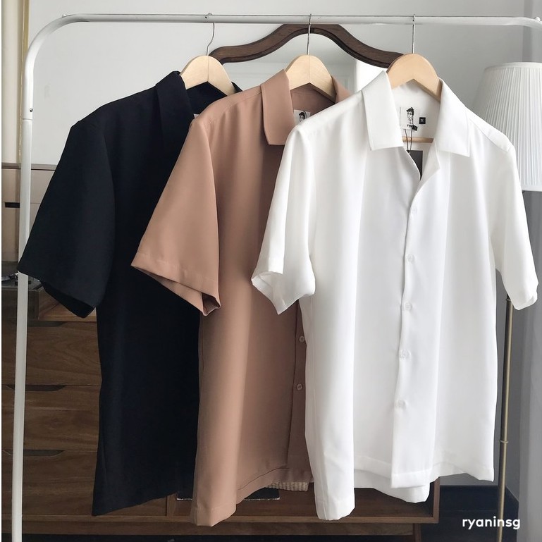 Áo sơ mi nam ngắn tay trơn cổ bẻ đen, trắng, nâu RYAN form rộng Hàn Quốc chất sơ mi cotton cao cấp - Andy shirt