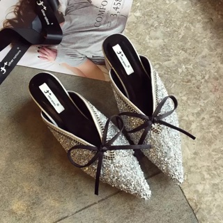 Giày mules đính đá mũi nhọn gót 4cm