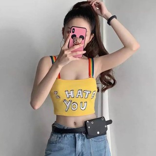 Áo hai dây croptop dây cầu vồng in chữ trước xinh xinh , chất thun lụa mềm mịn
