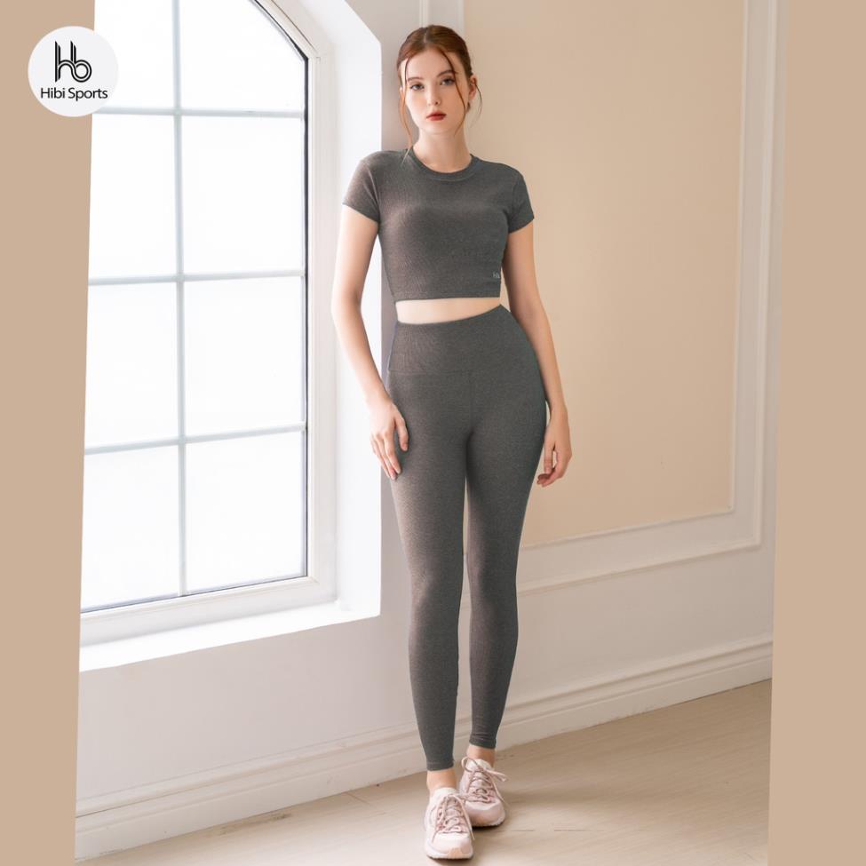 Set đồ tập yoga gym Hibi Sports H146 size mới, màu xanh, áo croptop có tay kèm mút *