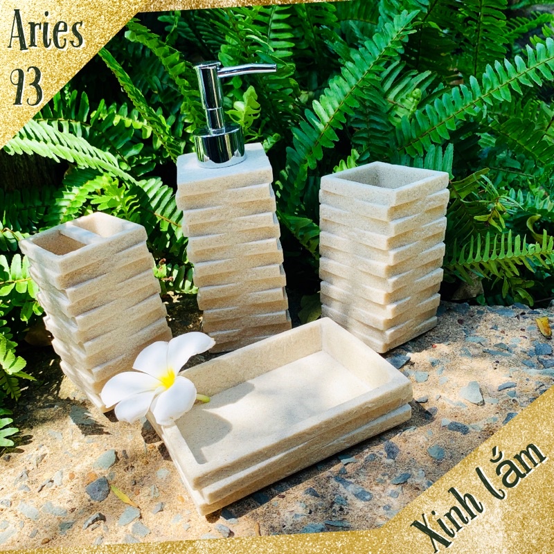 Chai đựng xà phòng, ống cắm bàn chải đánh răng, đĩa đựng xà phòng chất liệu đá nhân tạo, bộ phụ kiện nhà tắm 4 món L-01