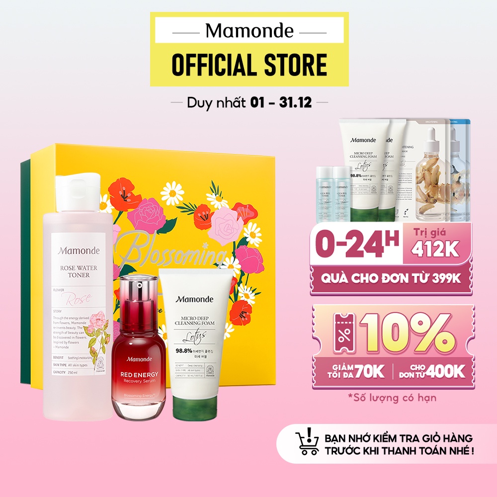 Combo chăm sóc da chuyên sâu cung cấp độ ẩm Mamonde Rose Toner 250ml+ Red Energy 30ml+CLeansing Foam 50ml