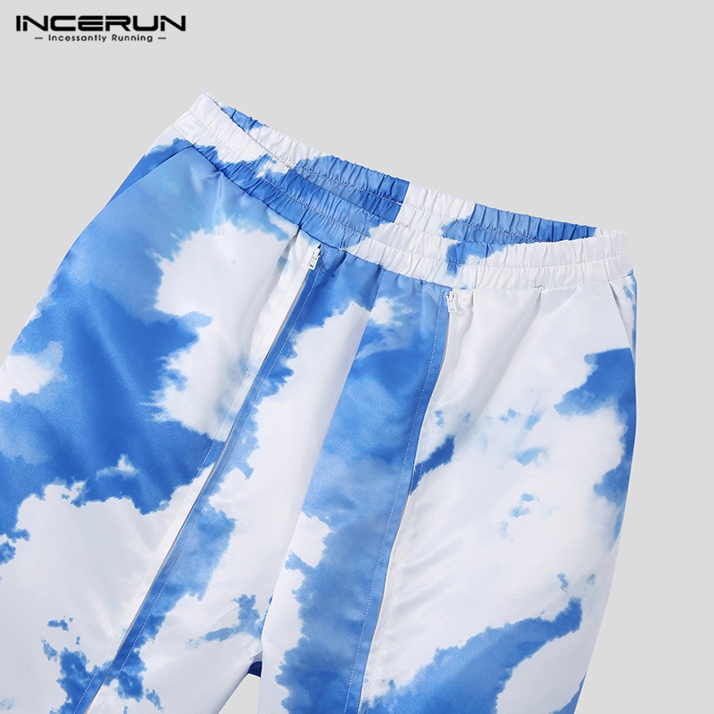 Quần ống rộng lưng thun INCERUN vải co giãn xẻ tà in họa tiết màu xanh dương thời trang cho nam