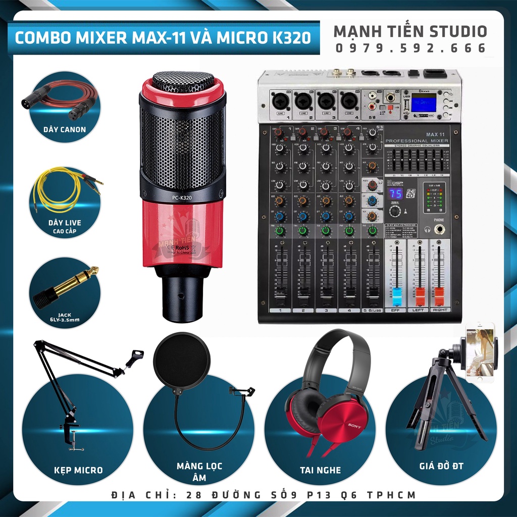 Combo thu âm livestream bán hàng facebook tiktok karaoke chuyên nghiệp Mixer Max 11 Và Micro K320 tặng full phụ kiện