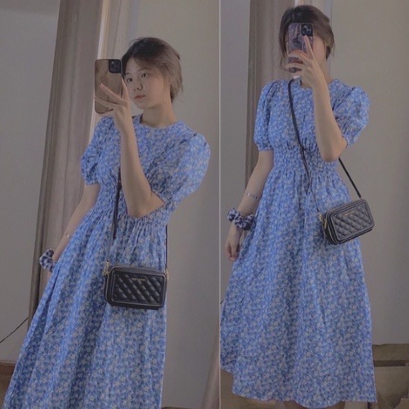 Váy Hoa Nhí Xanh Chun Eo Tay Bồng