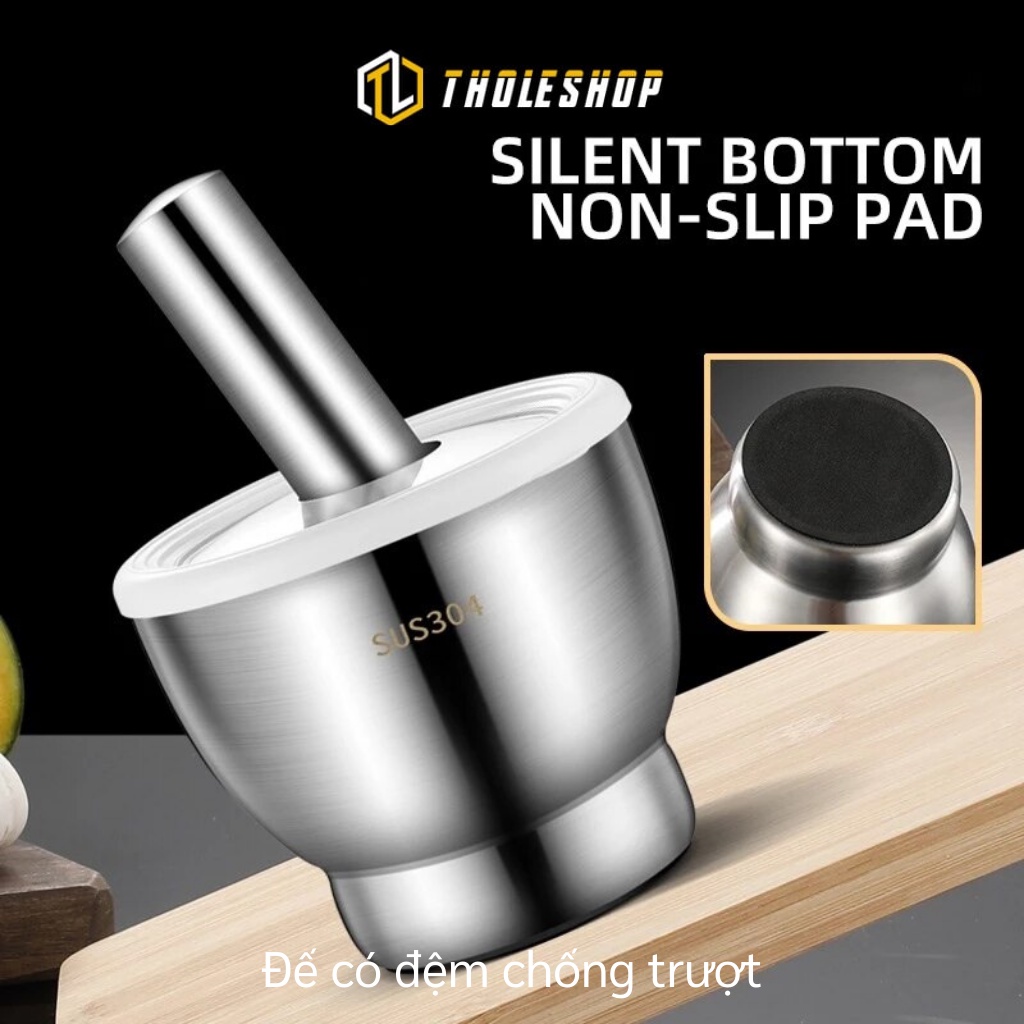 Bộ Cối Chày Inox 304 Không Gỉ Tặng Thìa Inox Và Nắp Chống Văng Dạng Trống Size 10cm 1016