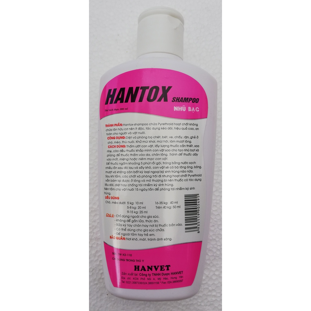 1 lọ Sữa Tắm Trị Ve Rận Bọ Chét An Toàn Với Chó Con Và Mèo Con Hantox Shampoo Hồng Nhũ Bạc 200ml