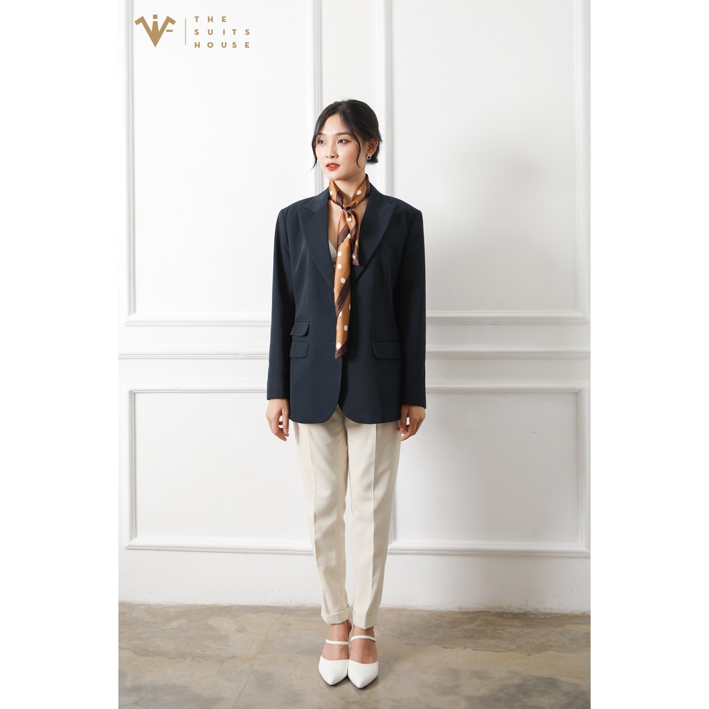 Bộ vest nữ xanh đen đậm phối trắng kem 2 khuy 3 túi, suits sartorial chất cashmere The Suits House