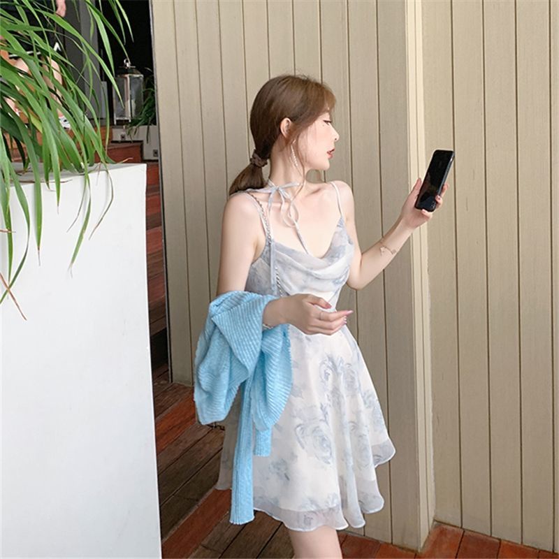 Đầm Voan Hoa Hai Dây Cổ Tim Xinh Xắn Cho Nữ