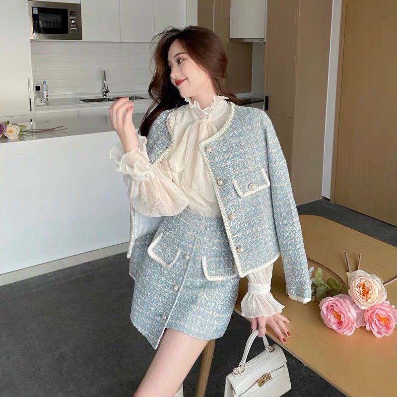 Set dạ tweed xanh 2 món tiểu thư basic dễ mặc kèm ảnh thật MS30