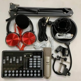 Mic At100 thu âm card H9 karaoke chuyên nghiệp đầy đủ chân kẹp màng lọc đính kèm ốp tai