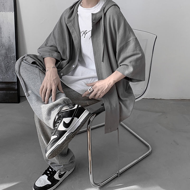 Áo Sơ Mi Ngắn Tay Có Mũ Trùm Thời Trang Mùa Hè Nhật Bản Cổ Điển Dành Cho Nam Nữ / 300