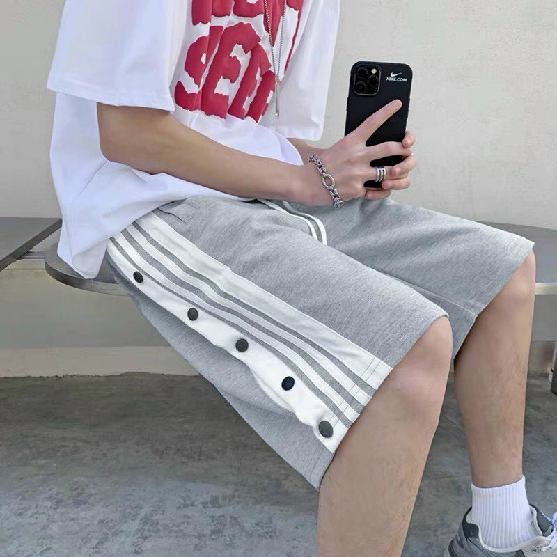 Quần Short Thun Da Cá Kẻ Sọc Nam Nữ Nút Bấm Unisex Streetstyle