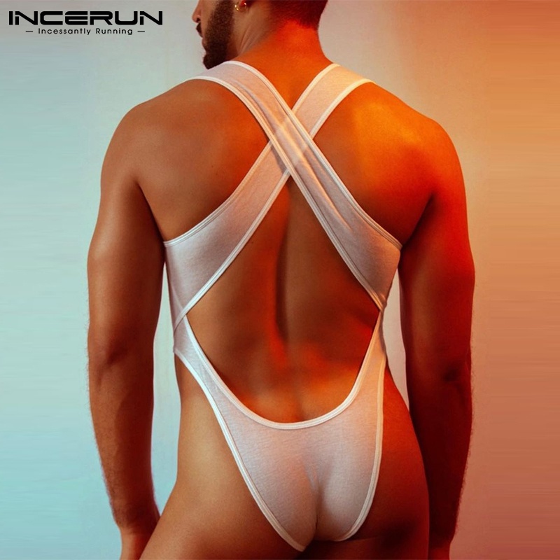 Áo liền quần INCERUN không tay cổ tròn màu trắng trơn xuyên thấu dành cho nam